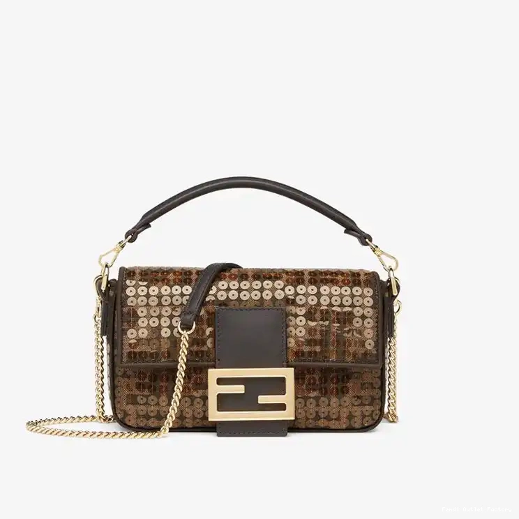 Vintage HOT In Motif FF Mini Bag Fabric Sequins Fendi with Baguette Brown 0513